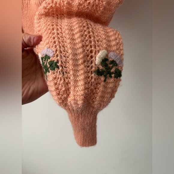 Aritzia Le Fou Wilfred Cropped Embroidered Cardigan Peach Knit Puff Sleeve - Picture 7 of 10